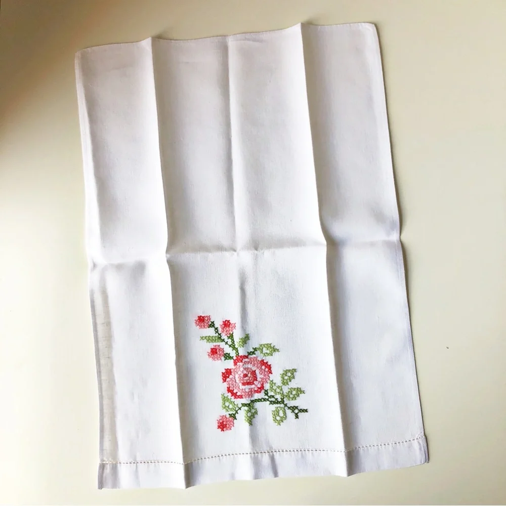 Vintage White Hand Towels with Pink Floral Design